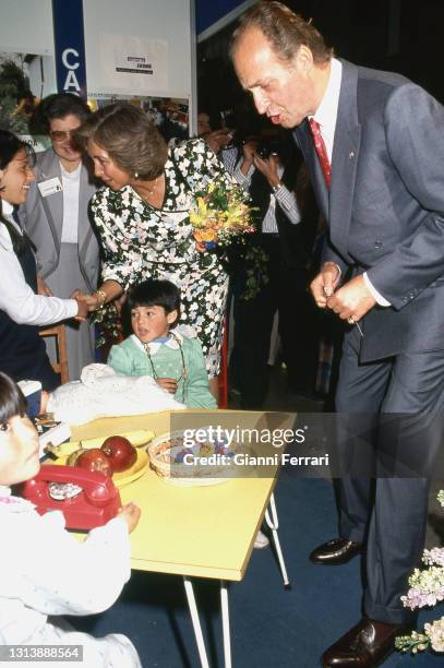 During their visit to Chile, the Spanish Kings Juan Carlos and Sofia inaugurated the Children's Art show, Santiago, Chile, 1990.