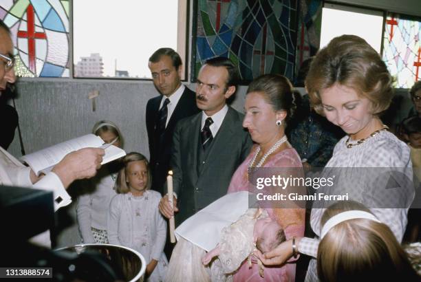 Baptism of Maria, daughter of Margarita of Borbon, sister of King Juan Carlos, and Carlos Zurita, with the Queen of Spain Sofia as godmother, Madrid,...