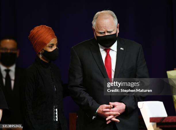 Rep. Ilhan Omar and Governor Tim Walz attend a funeral held for Daunte Wright at Shiloh Temple International Ministries on April 22, 2021 in...