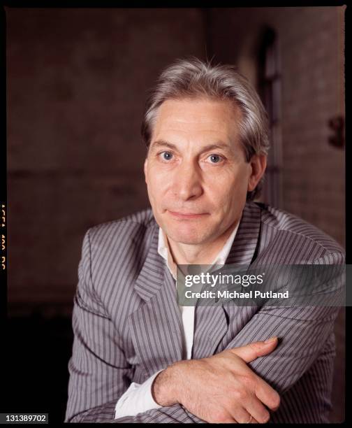 English drummer Charlie Watts of the Rolling Stones, during a break from rehearsals with his jazz ensemble, the Charlie Watts Orchestra, London, 1987.