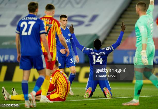 Kelechi Iheanacho of Leicester City celebrates after scoring their team's third goal during the Premier League match between Leicester City and West...