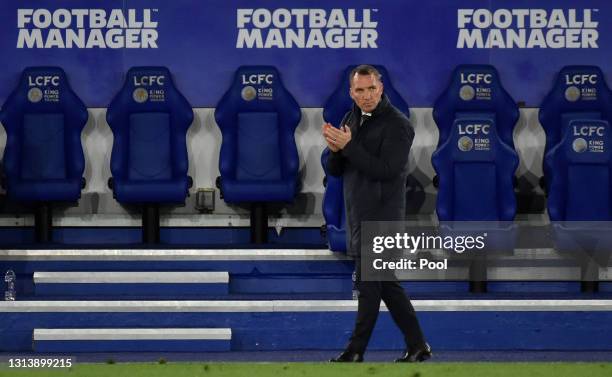 Brendan Rodgers, Manager of Leicester City looks on during the Premier League match between Leicester City and West Bromwich Albion at The King Power...