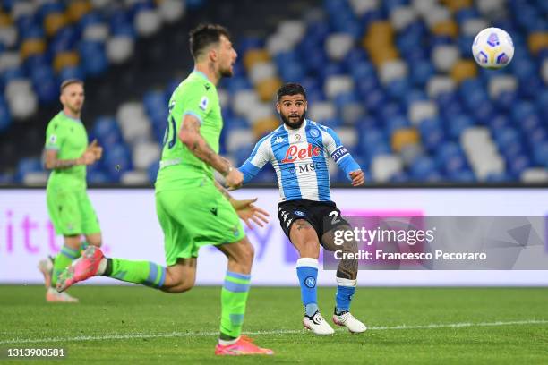 Lorenzo Insigne of SSC Napoli scores their sides third goal during the Serie A match between SSC Napoli and SS Lazio at Stadio Diego Armando Maradona...