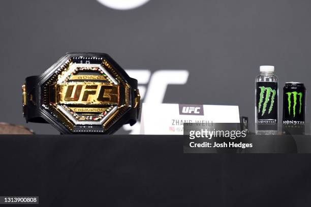 Detail view of the UFC championship belt of women's strawweight champion Zhang Weili of China prior to the UFC 261 press conference at VyStar...