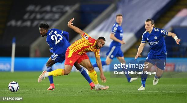 Matt Phillips of West Bromwich Albion battles for possession with Wilfred Ndidi of Leicester City during the Premier League match between Leicester...