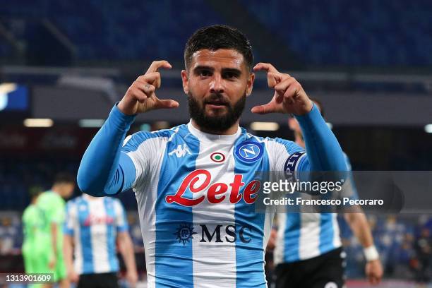 Lorenzo Insigne of SSC Napoli celebrates after scoring their sides third goal during the Serie A match between SSC Napoli and SS Lazio at Stadio...