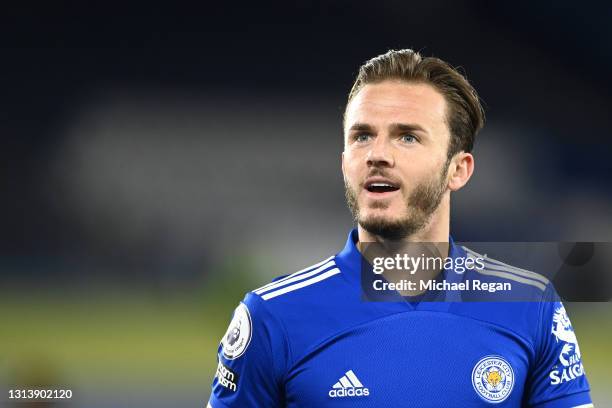 James Maddison of Leicester City looks on as they speak to the BT Pundits during the Premier League match between Leicester City and West Bromwich...