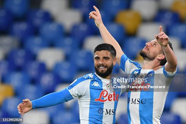Dries Mertens of SSC Napoli celebrates after scoring their sides fourth goal with team mate Lorenzo Insigne during the Serie A match between SSC...