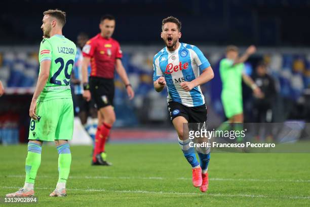 Dries Mertens of SSC Napoli celebrates after scoring their sides fourth goal during the Serie A match between SSC Napoli and SS Lazio at Stadio Diego...