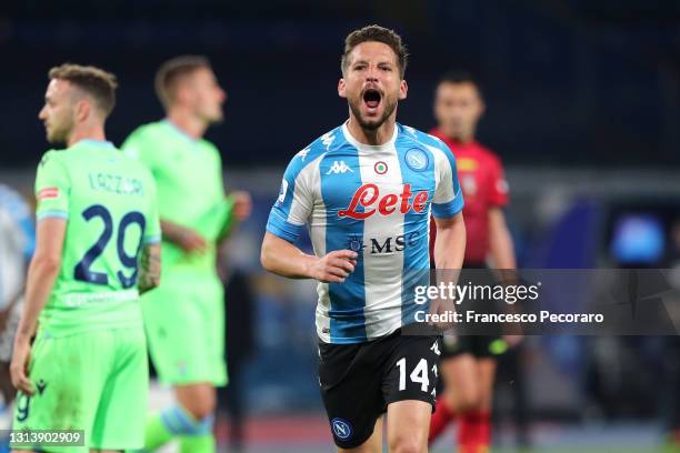 Dries Mertens of SSC Napoli celebrates after scoring their sides fourth goal during the Serie A match between SSC Napoli and SS Lazio at Stadio Diego...