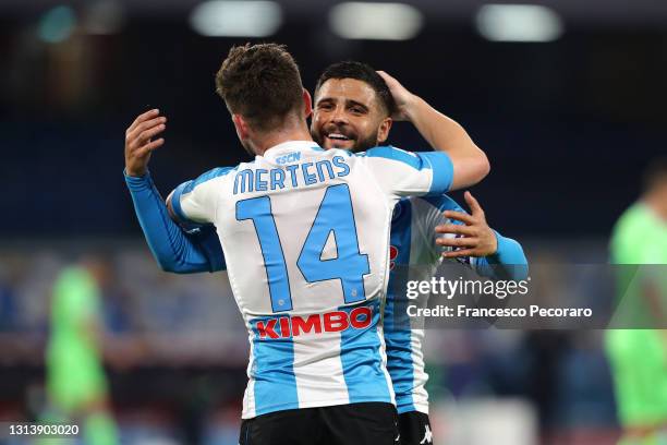 Dries Mertens of SSC Napoli celebrates after scoring their sides fourth goal with team mate Lorenzo Insigne during the Serie A match between SSC...