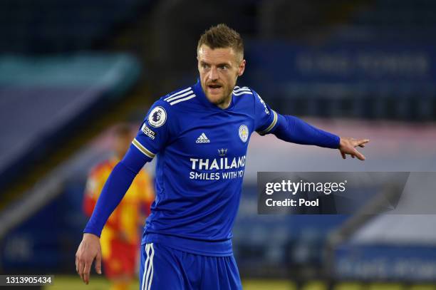 Jamie Vardy of Leicester City looks on during the Premier League match between Leicester City and West Bromwich Albion at The King Power Stadium on...