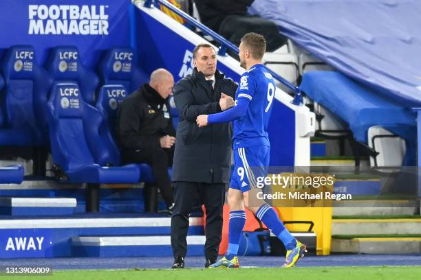 Brendan Rodgers, Manager of Leicester City and Jamie Vardy of Leicester City interact during the Premier League match between Leicester City and West...