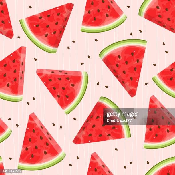 ilustraciones, imágenes clip art, dibujos animados e iconos de stock de la sandía corta el patrón vectorial sin costuras. - sandía