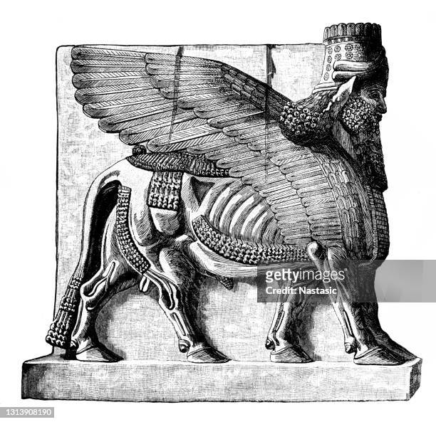 一頭人頭的有翅膀的公牛，名叫杜沙魯金的拉馬蘇。新亞述時期，約西元前721-705年 - winged bull 幅插畫檔、美工圖案、卡通及圖標