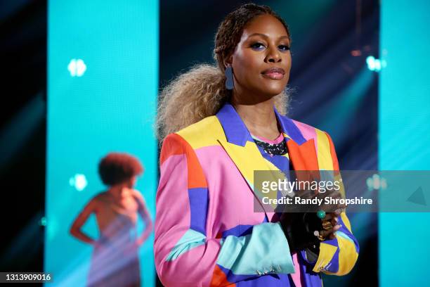 April 22: In this image released on April 22 Laverne Cox speaks onstage during ESSENCE Black Women in Hollywood Awards in Los Angeles, California.