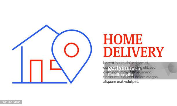 home delivery concept, vector line icon template design - receiving package door stock illustrations