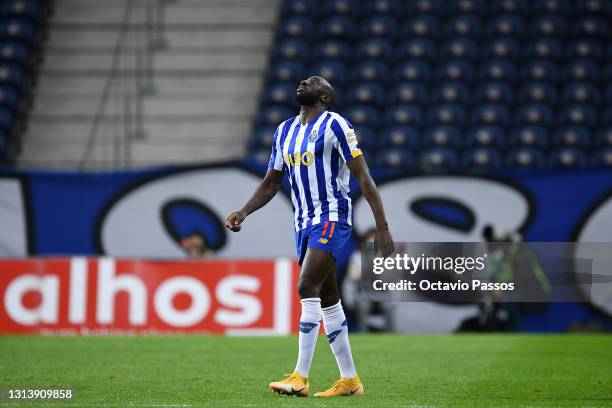 Moussa Marega of FC Porto celebrates after scores his sides first goal during the Liga NOS match between FC Porto and Vitoria Guimaraes SC at Estadio...