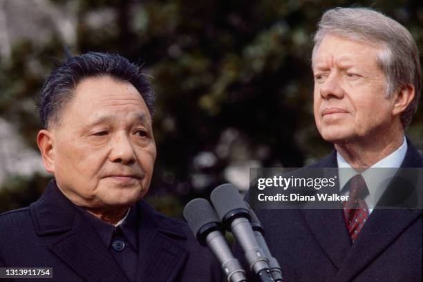 View of Chinese Vice Premier Deng Xiaoping and US President Jimmy Carter at the White House, Washington DC, January 29, 1979. The Vice Premier's...