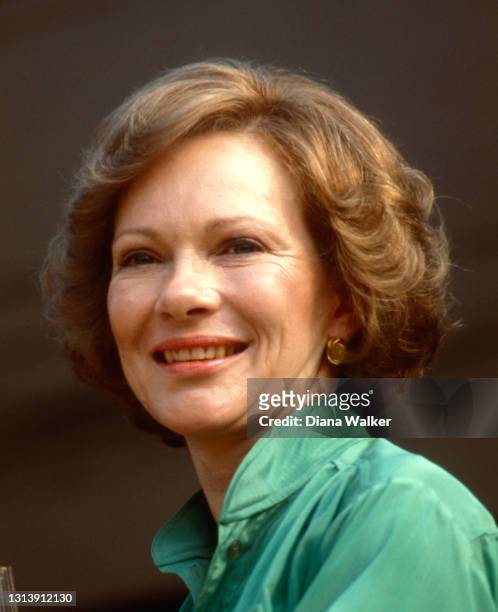 Close-up of US First Lady Rosalynn Carter during an unspecified event, Pine Bluff, Arkansas, July 23, 1979.