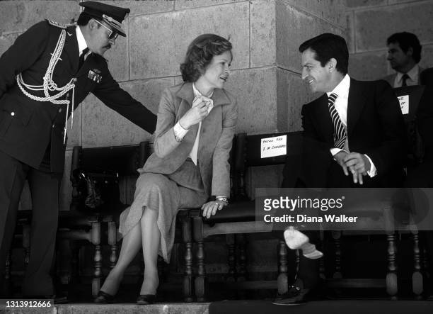 View of US First Lady Rosalynn Carter and Spanish Prime Minister Adolfo Suarez before an inauguration and ceremony , Quito, Ecuador, August 10, 1979.