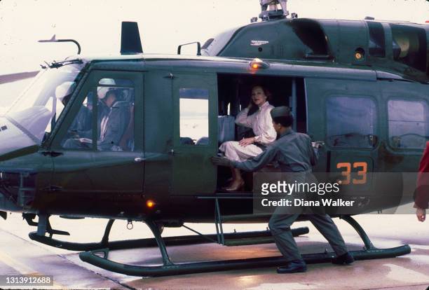 View of US First Lady Rosalynn Carter on board a helicopter, Ecuador, August 1979. She served as the head of the delegation sent to represent the US...