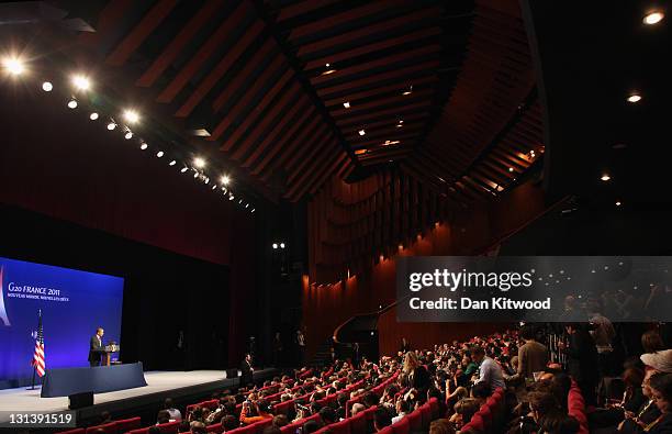 The President of The United States Barack Obama addresses members of the media during a conference on the second and final day of the G20 Summit on...