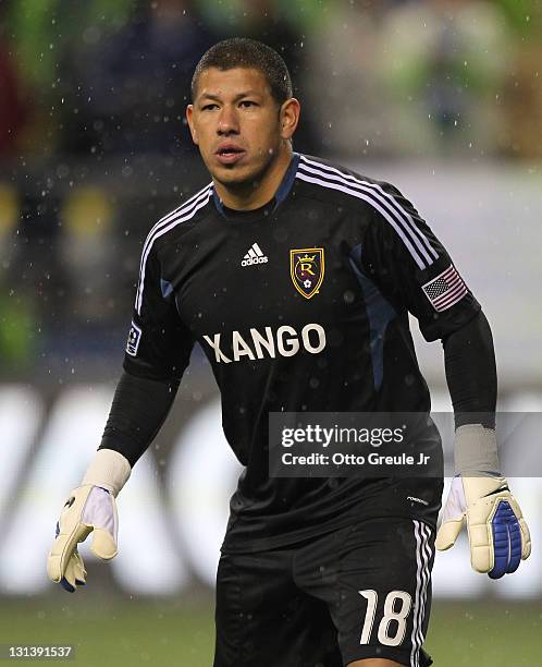 Goalkeeper Nick Rimando of Real Salt Lake follows the play against the Seattle Sounders FC at CenturyLink Field on November 2, 2011 in Seattle,...