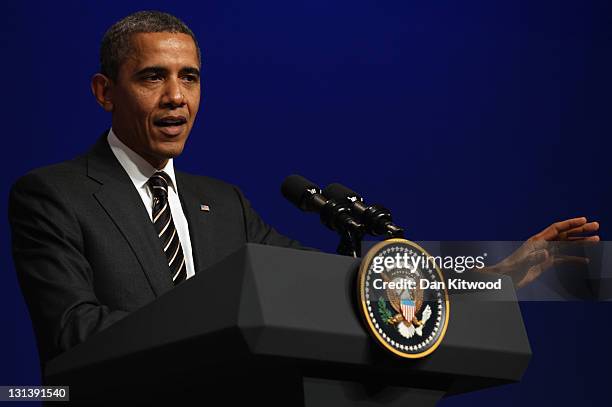 The President of The United States Barack Obama addresses members of the media during a conference on the second and final day of the G20 Summit on...