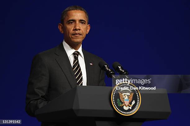 The President of The United States Barack Obama addresses members of the media during a conference on the second and final day of the G20 Summit on...