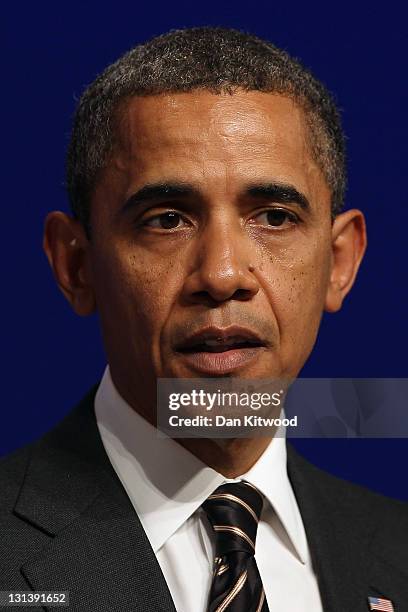 The President of The United States Barack Obama addresses members of the media during a conference on the second and final day of the G20 Summit on...