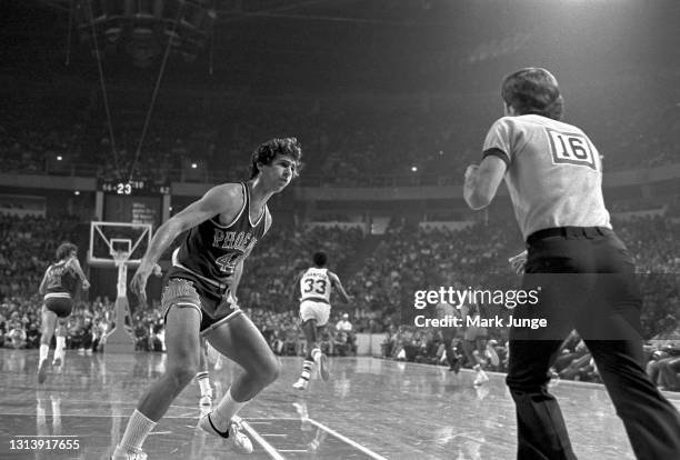 Phoenix Suns guard Paul Westphal defends against an inbounds pass during an NBA basketball game with the Denver Nuggets at McNichols Arena on October...