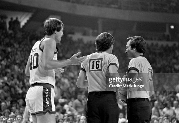 Denver Nuggets forward Byron Beck argues with the referees during an NBA basketball game against the Phoenix Suns at McNichols Arena on October 30,...