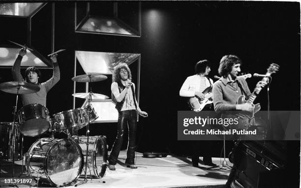 The Who rehearse for an appearance on BBC TV Top of the Pops, London, 24th April 1969, L-R Keith Moon, Roger Daltrey, John Entwistle, Pete Townshend.