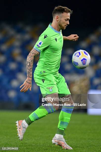 Manuel Lazzari of SS Lazio in action during the Serie A match between SSC Napoli and SS Lazio at Stadio Diego Armando Maradona on April 22, 2021 in...