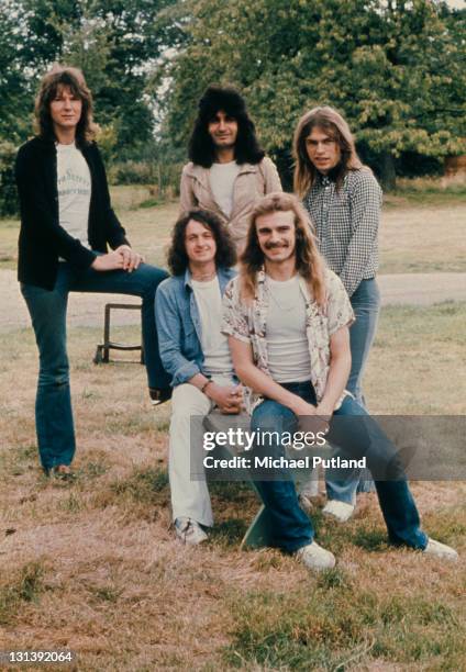 English progressive rock group Yes, United Kingdom, 1974. Standing, left to right: bassist Chris Squire, keyboard player Patrick Moraz and guitarist...