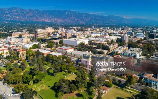 downtown pasadena aerial with mountains and park - pasadena california stock pictures, royalty-free photos & images