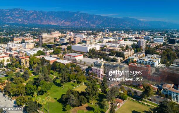 downtown pasadena aerial with mountains and park - pasadena - california stock pictures, royalty-free photos & images