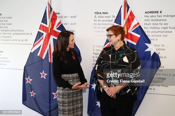 Australian Foreign Minister Marise Payne and New Zealand Prime Minister Jacinda Ardern pose for a photograph on April 23, 2021 in Auckland, New...