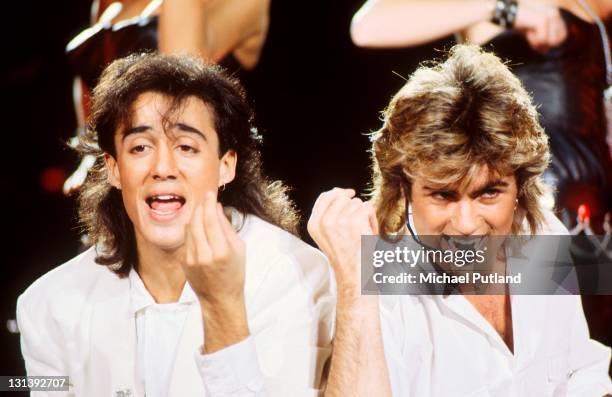 Andrew Ridgeley and George Michael of Wham! perform on stage at Sydney Entertainment Centre, Sydney, Australia, 27th January 1985.