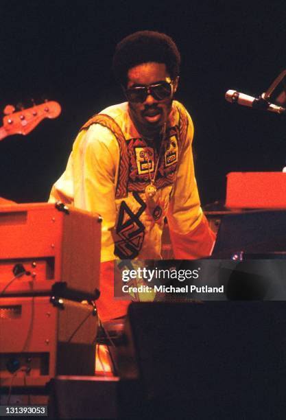 Stevie Wonder performs on stage at the Rainbow Theatre, London, 29th Janaury 1974.