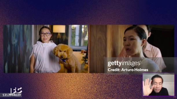 In this screengrab released on April 22, Lulu Wang and Lee Isaac Chung speak during the 2021 Film Independent Spirit Awards broadcast on April 22,...