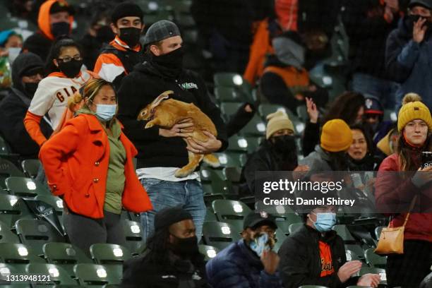 San Francisco Giants fans hold their therapy rabbit during the ninth inning against the Miami Marlins at Oracle Park on April 22, 2021 in San...