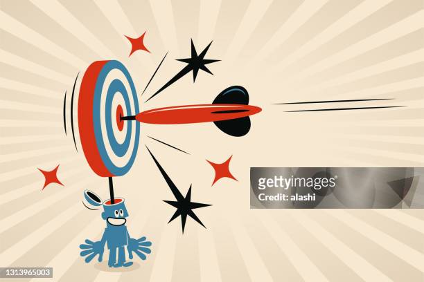 one big dart is hitting the bull's-eye of the dartboard (which is a metaphor for the human brain, mind, thought), concept about: effective communication, precision marketing, customer-focused, mind-reading, target market - dart stock illustrations