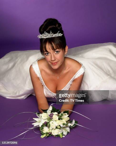 Emmerdale actress Sheree Murphy in character as Tricia Dingle wearing a wedding dress, circa 2002.