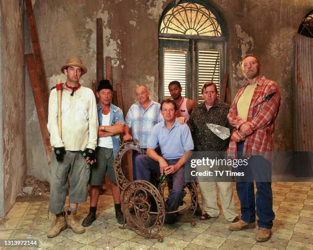 Auf Wiedersehen, Pet actors Jimmy Nail, Timothy Spall, Christopher Fairbank, Noel Clarke, Tim Healy, Kevin Whately and Pat Roach, circa 2004.