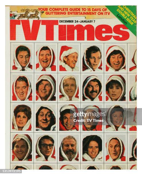 Times cover featuring various celebrities dressed in a red Santa Claus-style hood, circa December 1976. Personalities include Jimmy Tarbuck, Bruce...