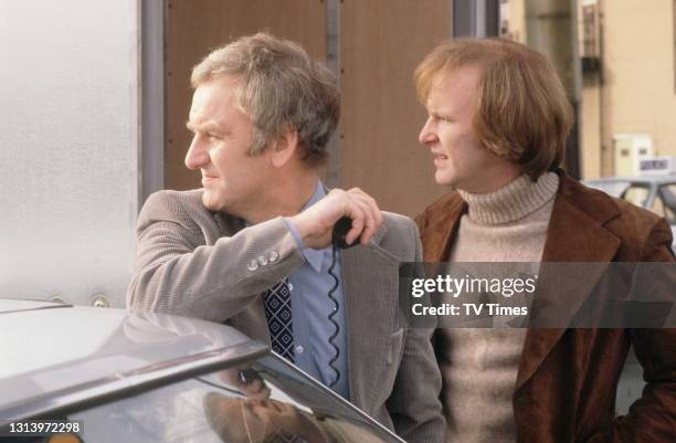 The Sweeney actors John Thaw and Dennis Waterman on set, circa 1978.