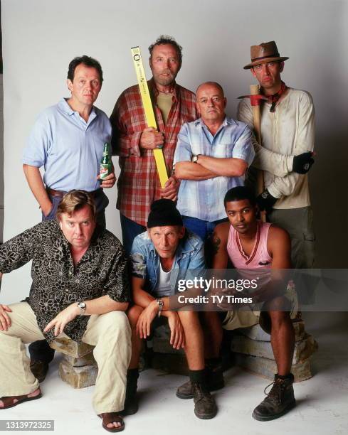 Auf Wiedersehen, Pet actors Jimmy Nail, Timothy Spall, Christopher Fairbank, Noel Clarke, Tim Healy, Kevin Whately and Pat Roach, circa 2004.