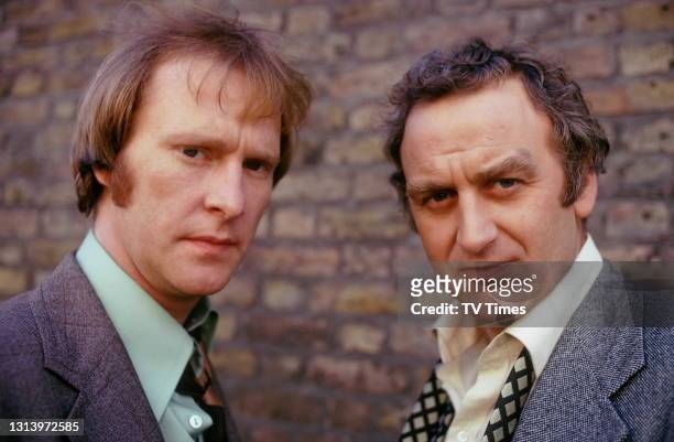 The Sweeney actors John Thaw and Dennis Waterman on set, circa 1978.